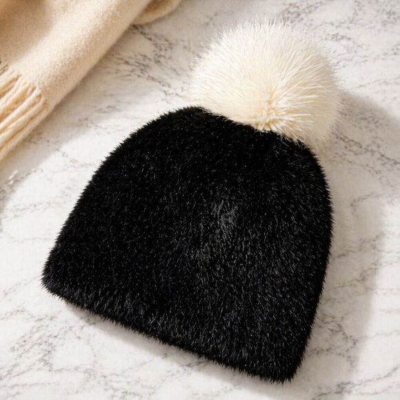 Anthropologie Sleeping on Snow Faux Fur Pom Beanie Black Luxe Winter Hat NWT main image 5